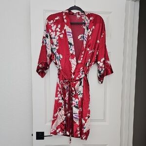 TH New Fashion Vintage Silk Peacock Floral Kimono Robe Dressing Gown Red OS